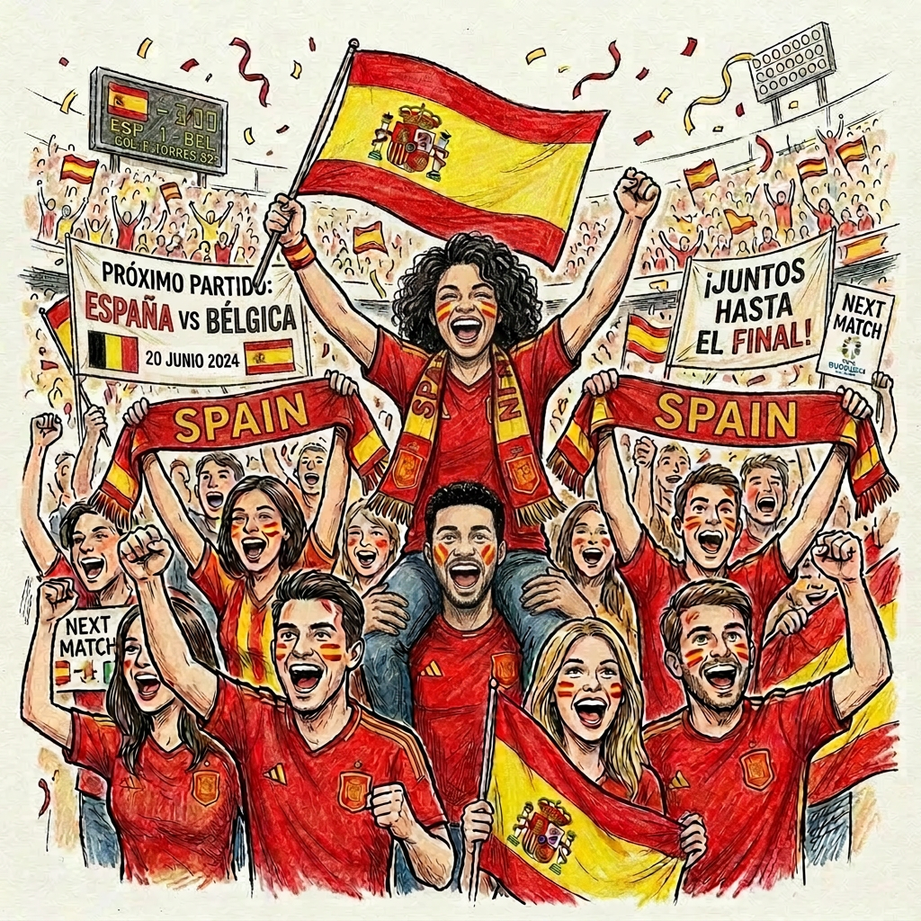 Crowd of people celebrating Spain's 2026 World Cup championship waving flags and holding banners