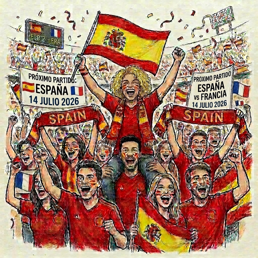 Crowd of people celebrating Spain's 2026 World Cup championship waving flags and holding banners