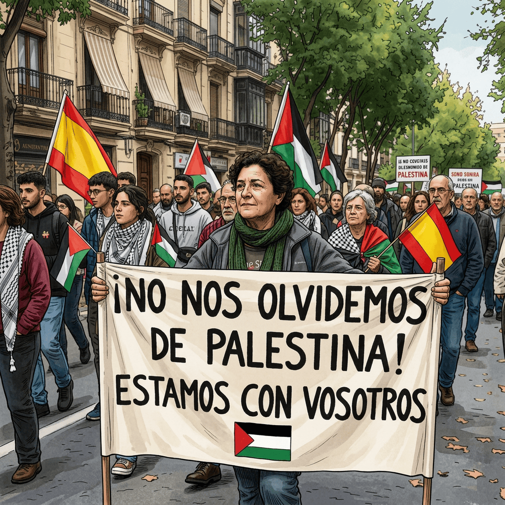 Protesters march with Palestinian flags behind a banner reading “¡NO NOS OLVIDEMOS DE PALESTINA! ESTAMOS CON VOSOTROS.”